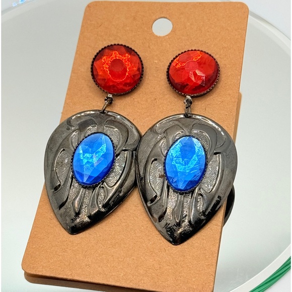 Gunmetal with Red and‎ Blue Rhinestone Drop Post Earrings - Picture 1 of 5
